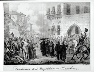 Zerstörung der Inquisition in Barcelona, 10. März 1820, graviert von Godefroy Engelmann (1788-1839)